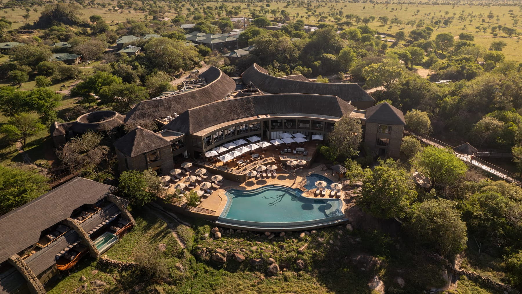 Luxury safari lodge infinity pool overlooking African plains